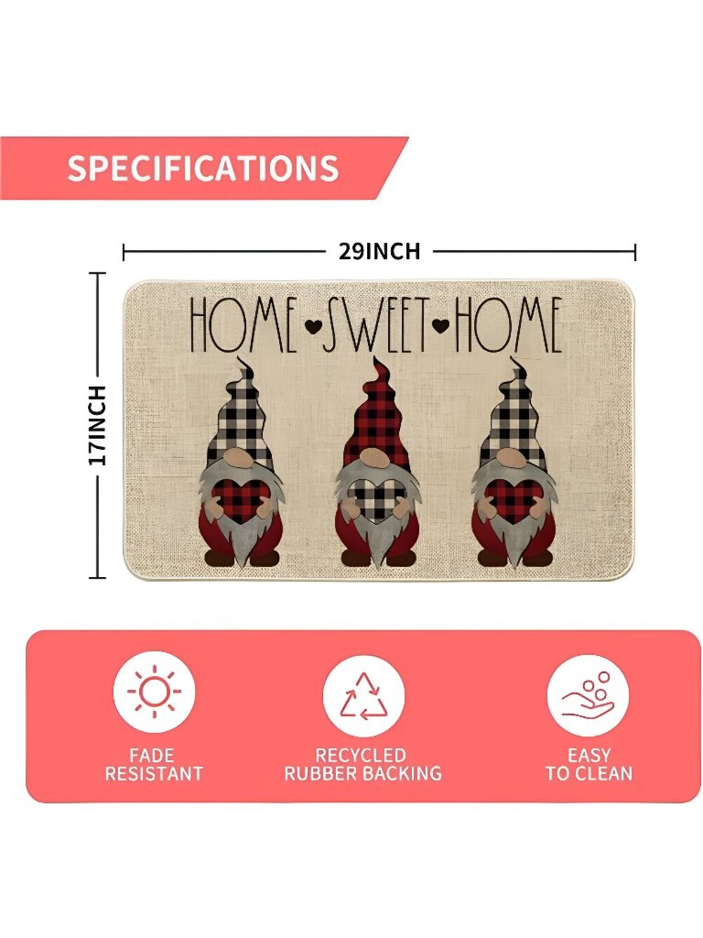 Home Sweet Home Gnomes Decorative Doormat, Low-Profile Switch Mat 17 x 29 Inch